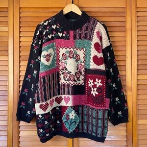 Vintage Dana Scott Sweater Women's Size Large Knit Hearts Floral Roses Patchwork